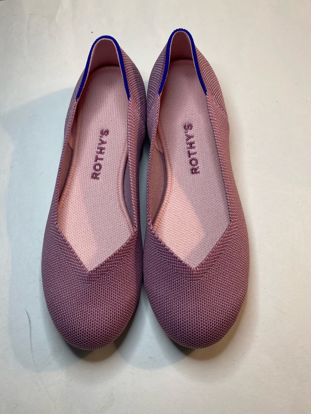Rothy's Mauve-Pink Knit Ballet Flats with Blue Trim